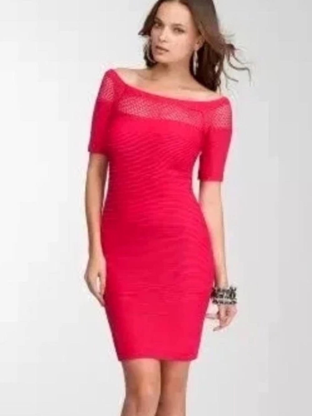NWT Bebe red lace neck textured mesh stretchy bodycon top dress Small S P/S